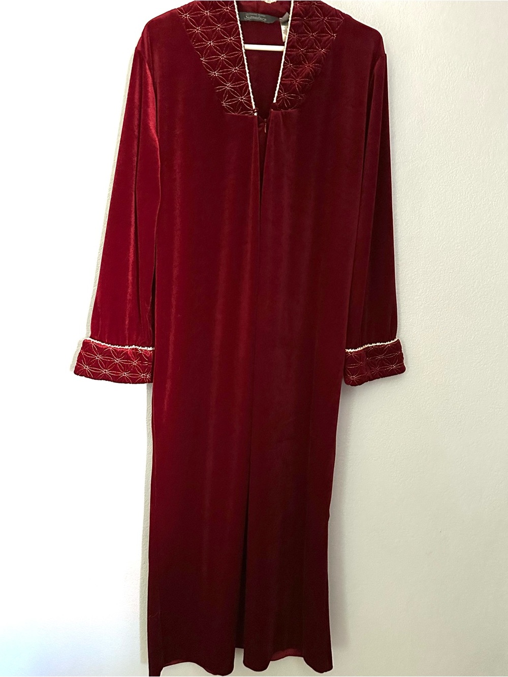 Jasmine Burgundy Velvet Long Robe with Embroidered Trim